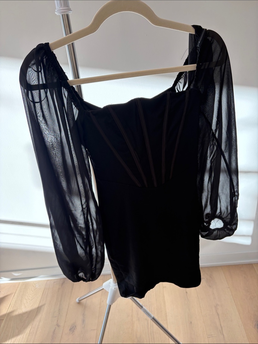 Hello Molly Black Sheer Puff Sleeve Long-Sleeve Dress
